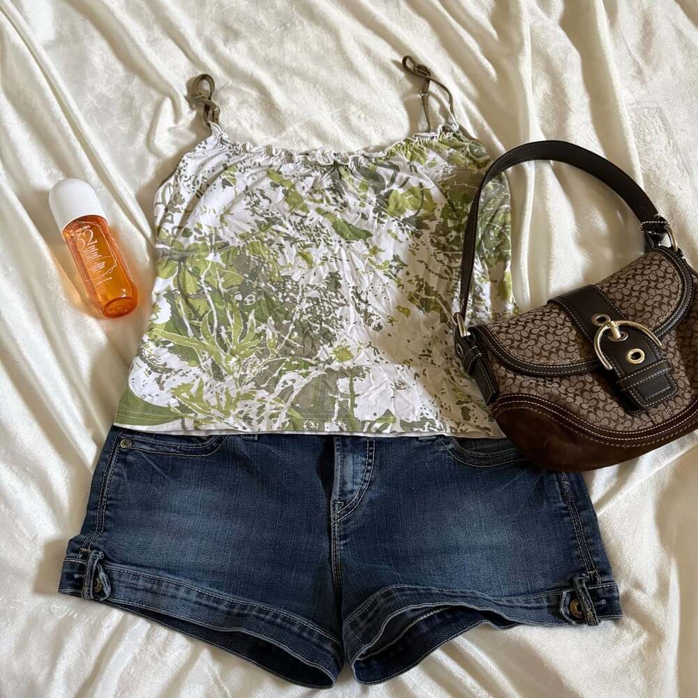 Y2K Green and White Abstract Floral Print Camisole Tank Top with Adjustable Stra